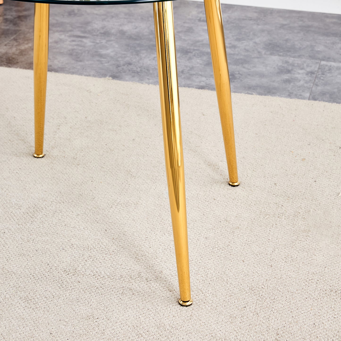 Table and chair set.36 Inch Diameter Modern Luxury Glass Dining Table and Chair Set - Gold Frame, Metal Legs.Two Black PU Chairs with Simple Line Designs On The Backrest.