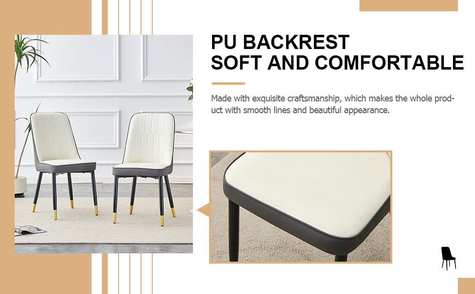 Large modern minimalist rectangular dining table with 0.39 "imitation marble black tabletop and golden metal legs, paired with chairs with PU cushions and black metal legs. F-1538 C-007