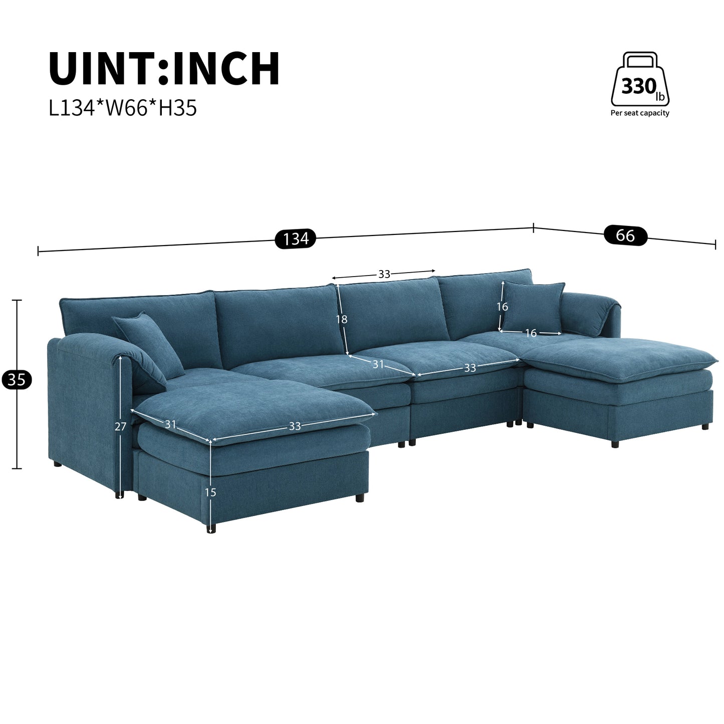 134*66" Chenille Modular Sectional Sofa,U Shaped Cloud Couch Set with Double Cushions ,6 Seat Sleeper Sofa Bed with Ottomans,Oversized Indoor Furniture for Living Room, 3 Colors
