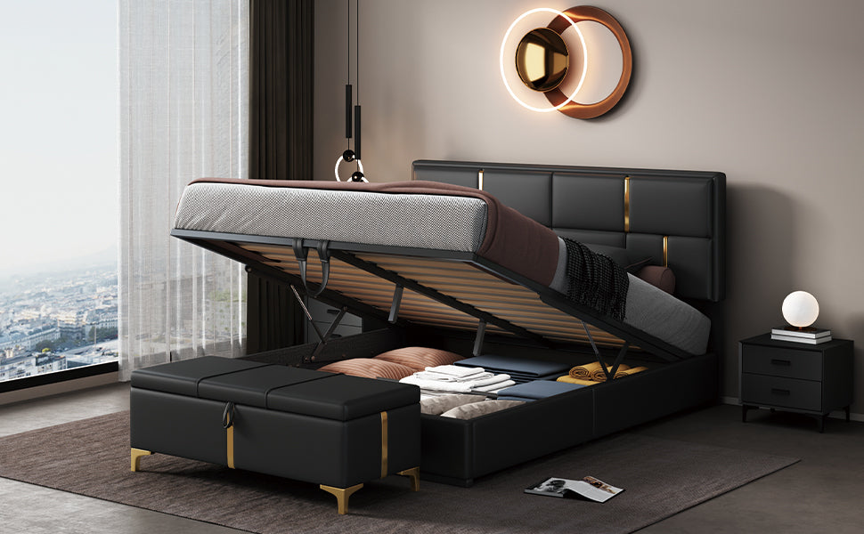 Juego de dormitorio de 2 piezas, cama Queen con plataforma tapizada y sistema de almacenamiento hidráulico, otomana con patas de metal, color negro