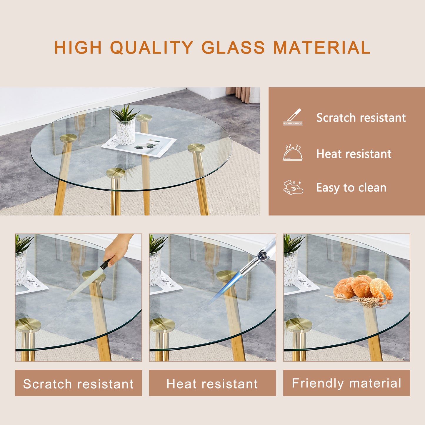 Table and chair set.36 Inch Diameter Modern Luxury Glass Dining Table and Chair Set - Gold Frame, Metal Legs.Two Black PU Chairs with Simple Line Designs On The Backrest.