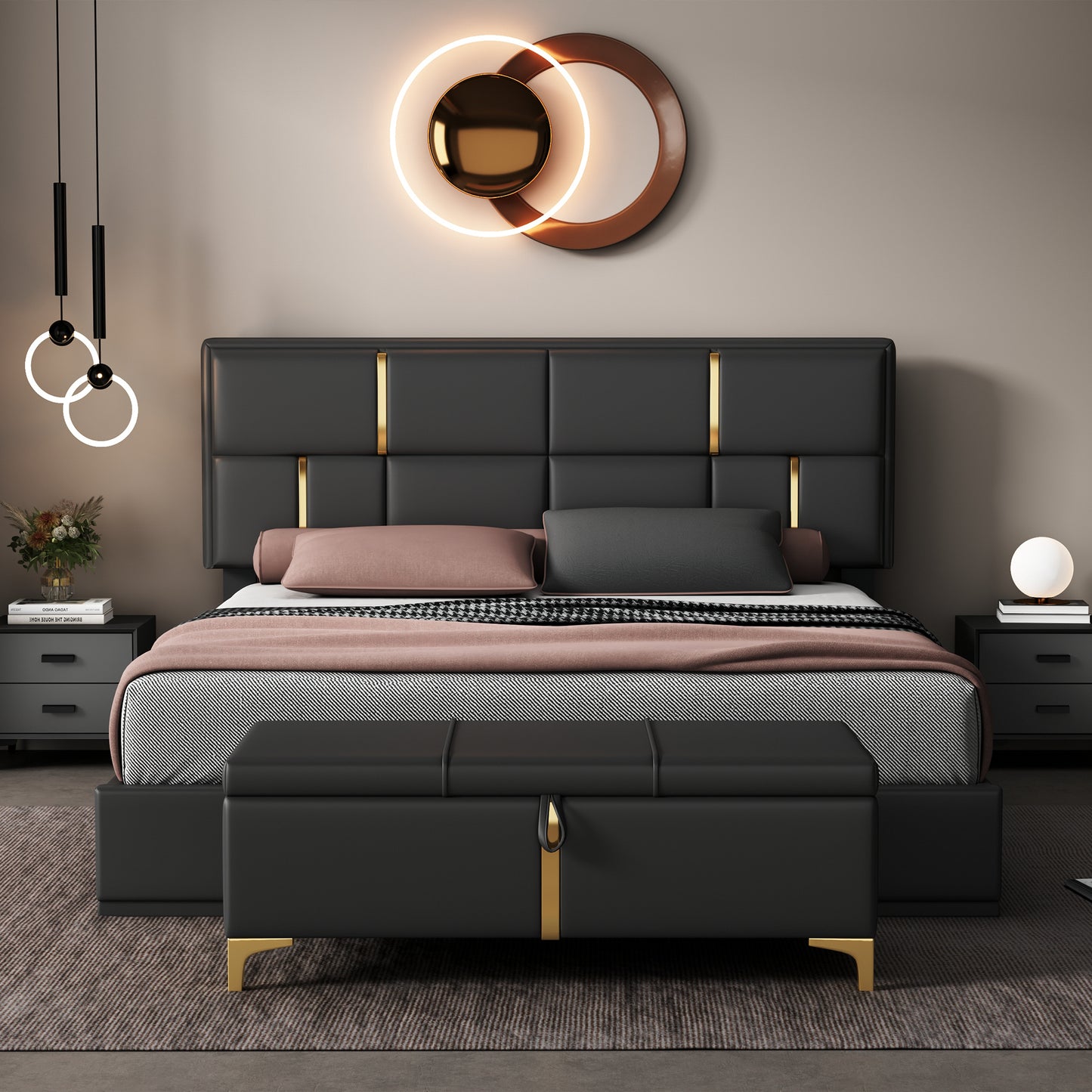 Juego de dormitorio de 2 piezas, cama Queen con plataforma tapizada y sistema de almacenamiento hidráulico, otomana con patas de metal, color negro