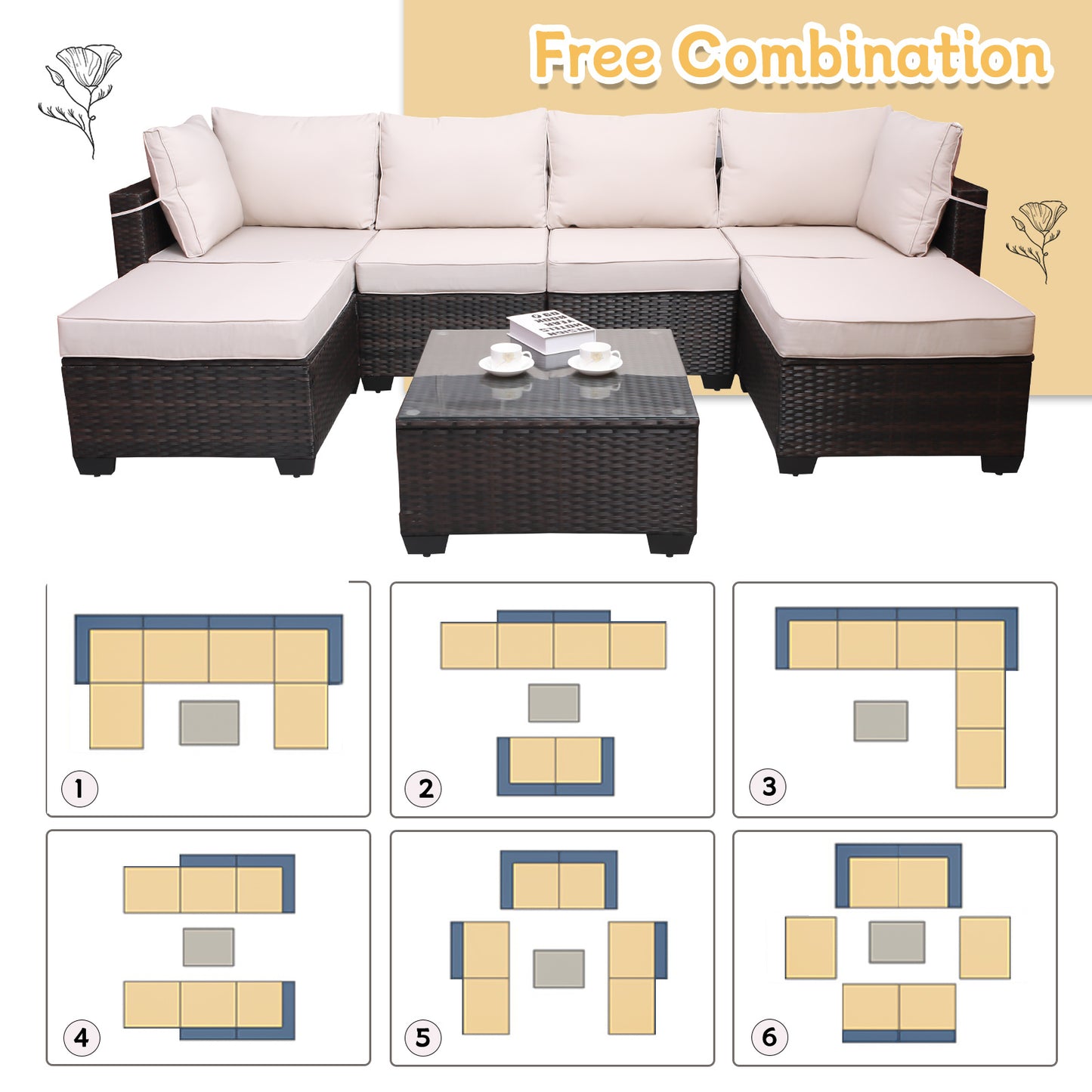 7pc Brown & Beige Patio Set – Outdoor Rattan Sectional w/ Glass Table