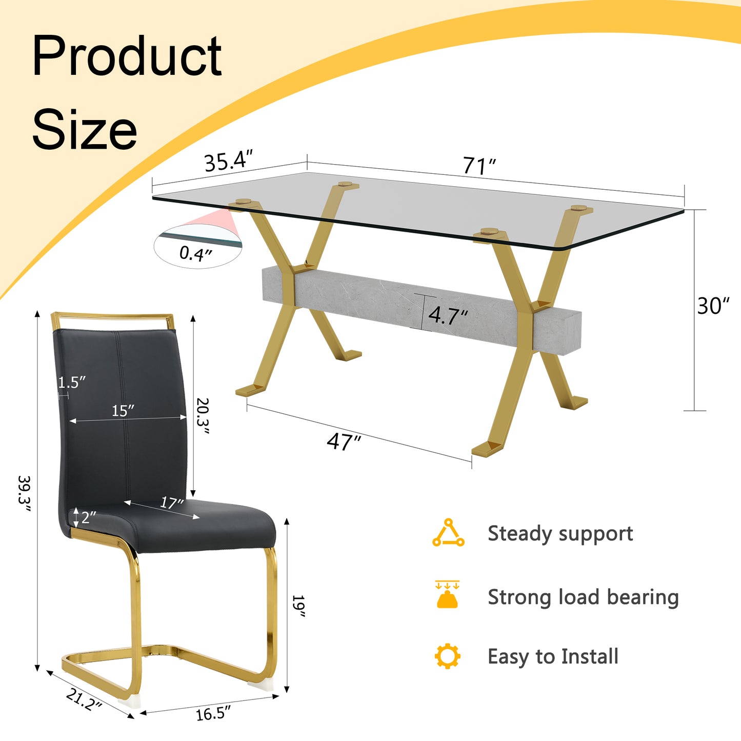 Table and chair set.Elegant Transparent Tempered Glass Dining Set - 71"x35.4" with 6 Black PU Chairs with golden C-tube metal leg.