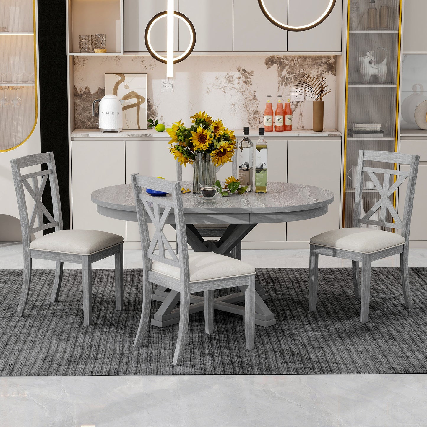 TREXM 5-Piece Retro Functional Dining Table Set Extendable Round Table and 4 Upholstered Chairs for Dining Room and Living Room (Grey)