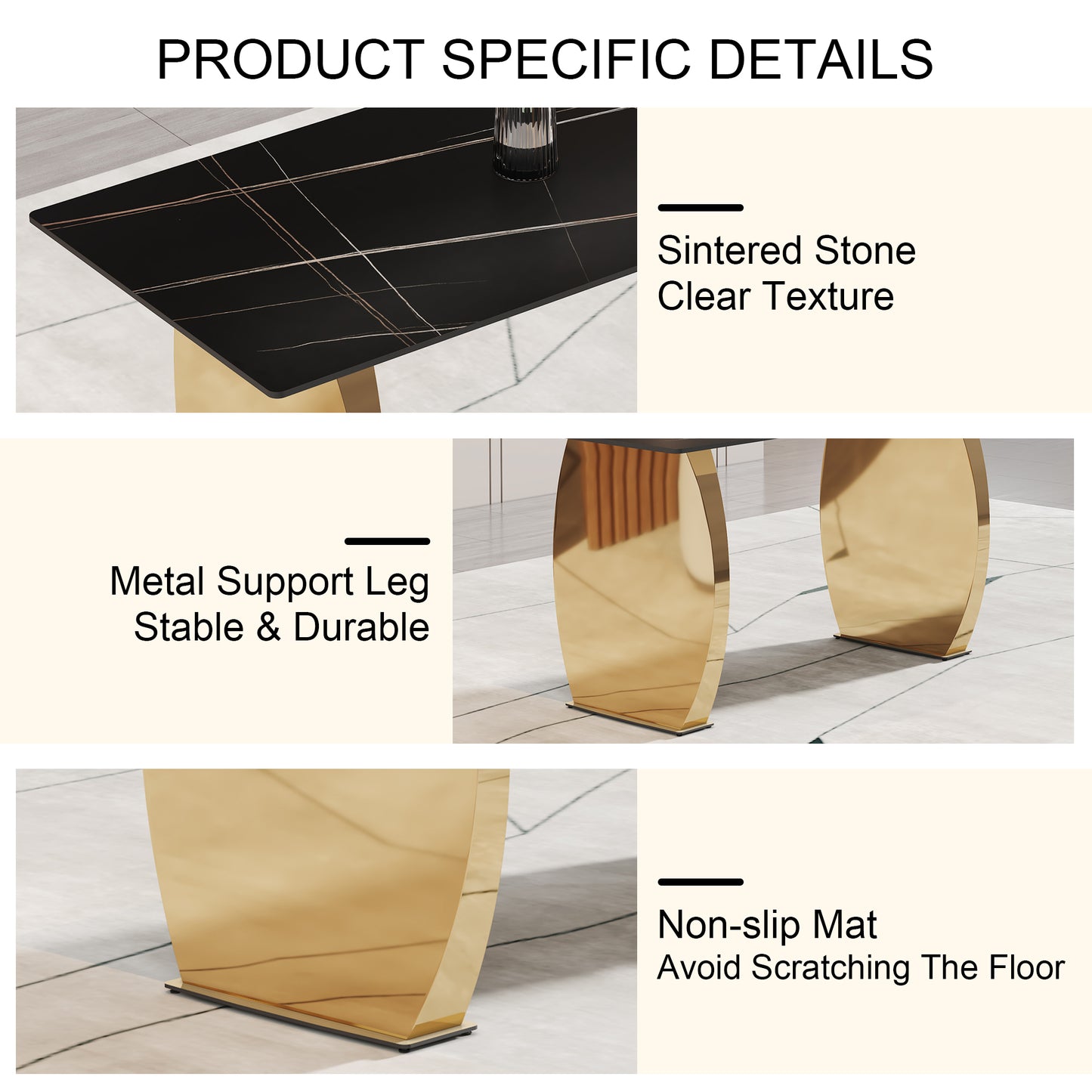 Table and chair set,Modern rectangular table with 0.4 inch black patterned tabletop and gold legs, suitable for kitchen, dining room, and living room , Comfortable PU seats,perfect for dinner, meet