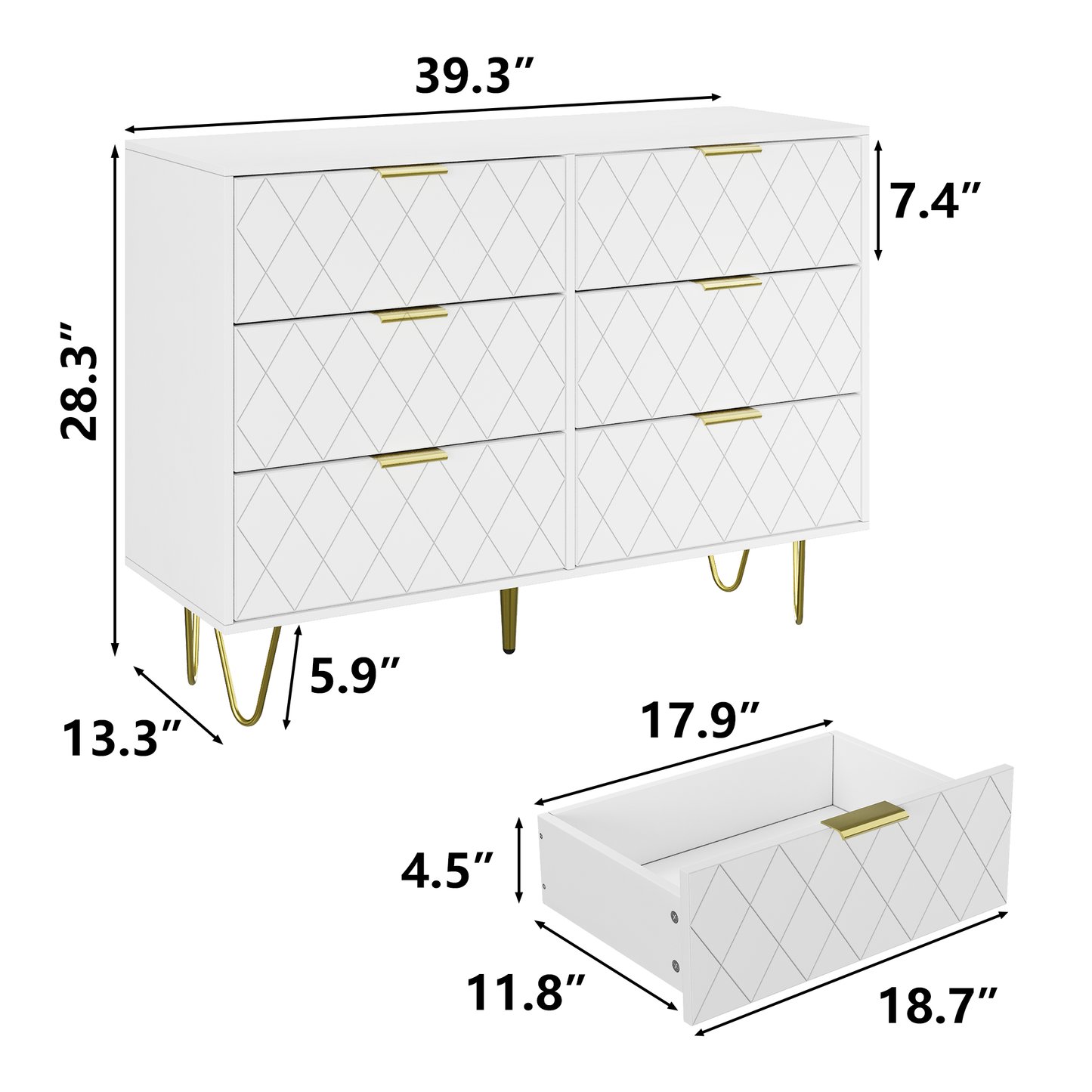 Modern white 6 Drawers for Bedroom, Small Size Wooden drawers with Gold Handles, Chest Dresser with Deep Drawers for living room