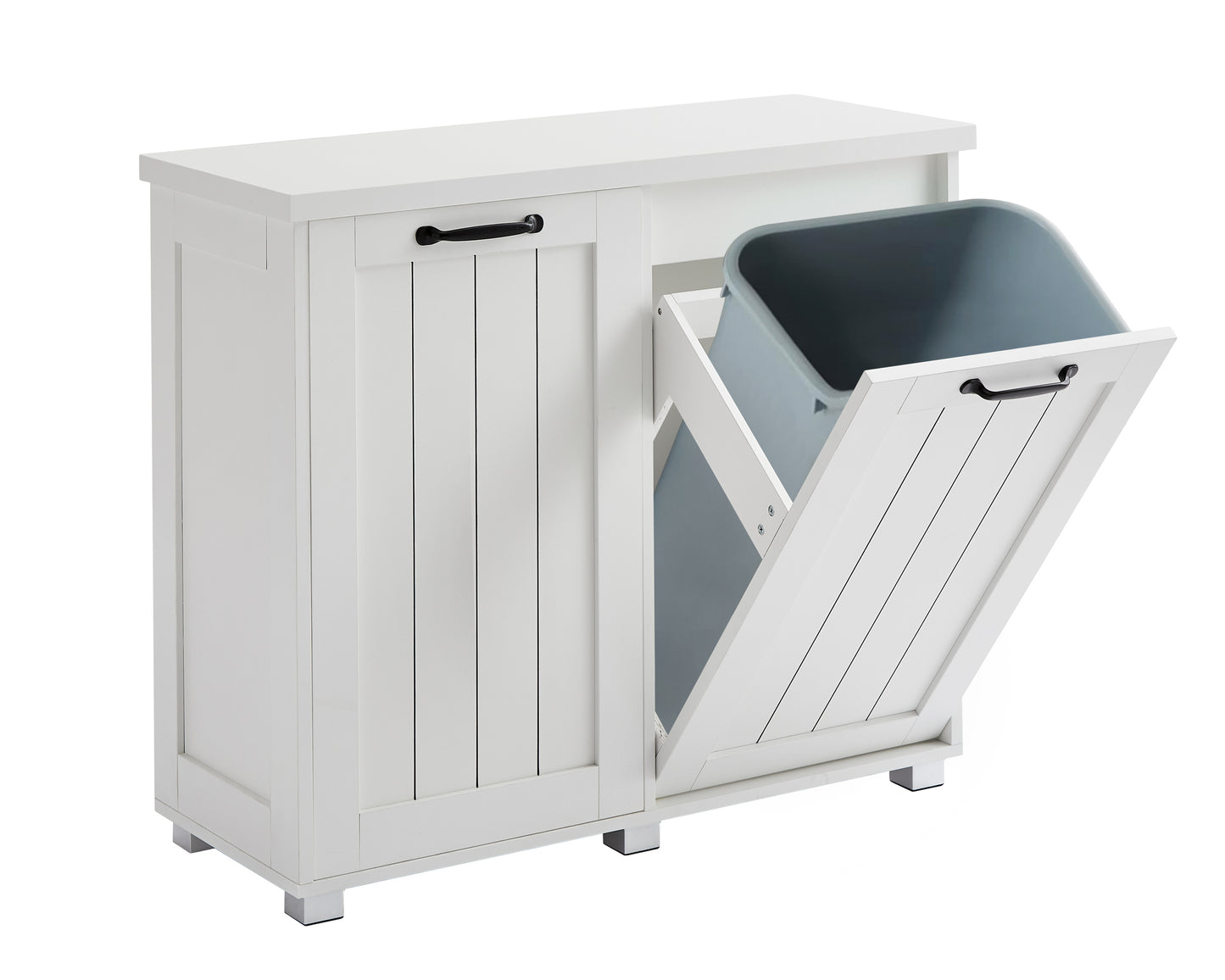 Gabinete de basura abatible de dos compartimentos, gabinete de basura de cocina a prueba de mascotas con tabla de cortar, gabinete clasificador de ropa independiente, cesto para ropa sucia, blanco