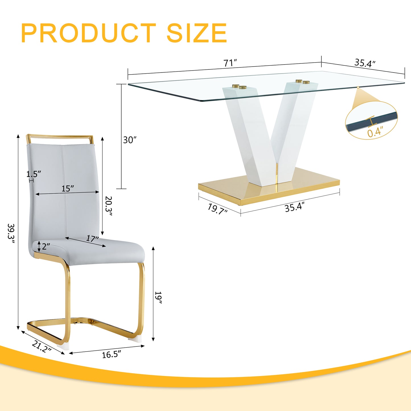 Table and chair set.Subtle Luxury Clear Tempered Glass Dining Set - 71"x35.4" with 6 Light Gray PU Chairs.C-tube Gold Metal Chair Legs.Bring a comfortable home experience to the kitchen, bedroom.
