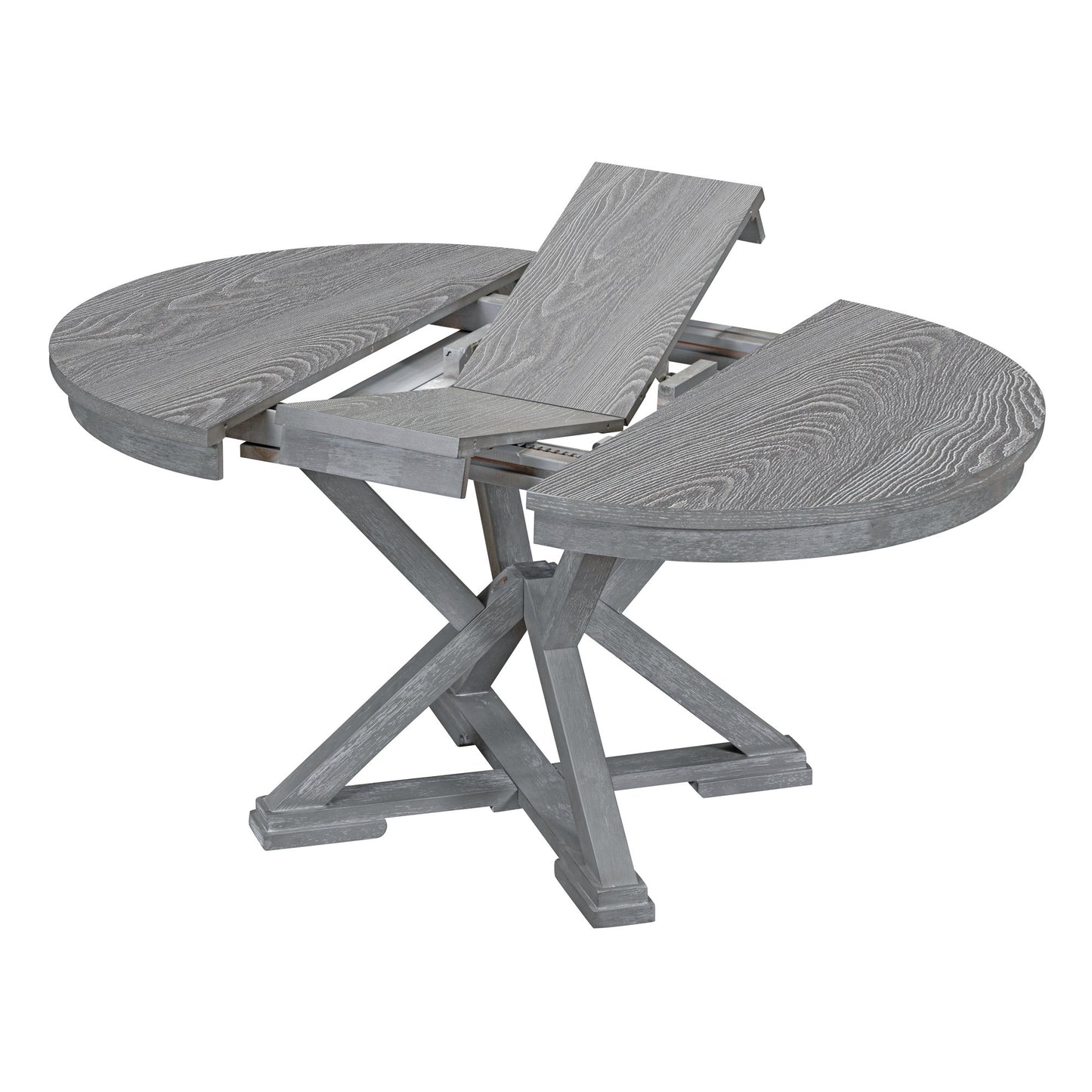 TREXM 5-Piece Retro Functional Dining Table Set Extendable Round Table and 4 Upholstered Chairs for Dining Room and Living Room (Grey)