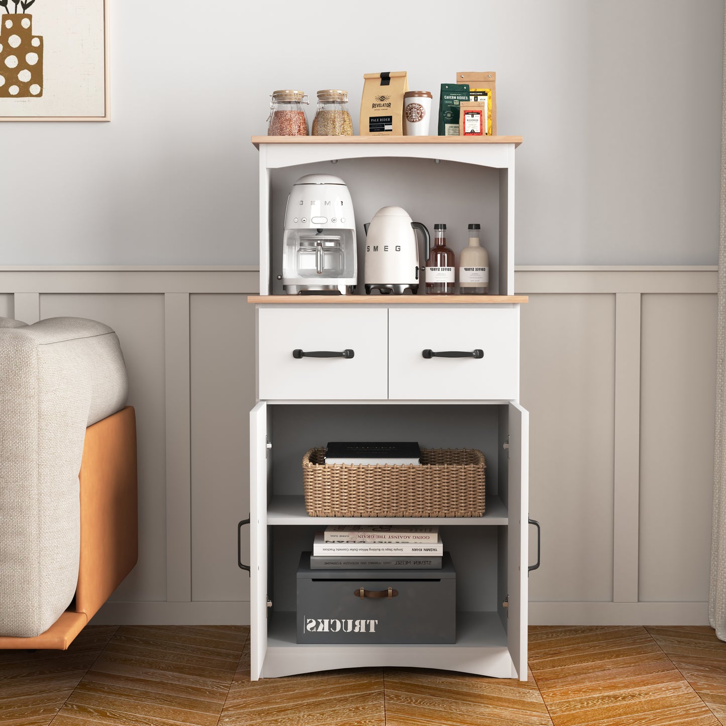 Gabinete de cocina de madera blanco, despensa, armario para microondas con cajón de almacenamiento