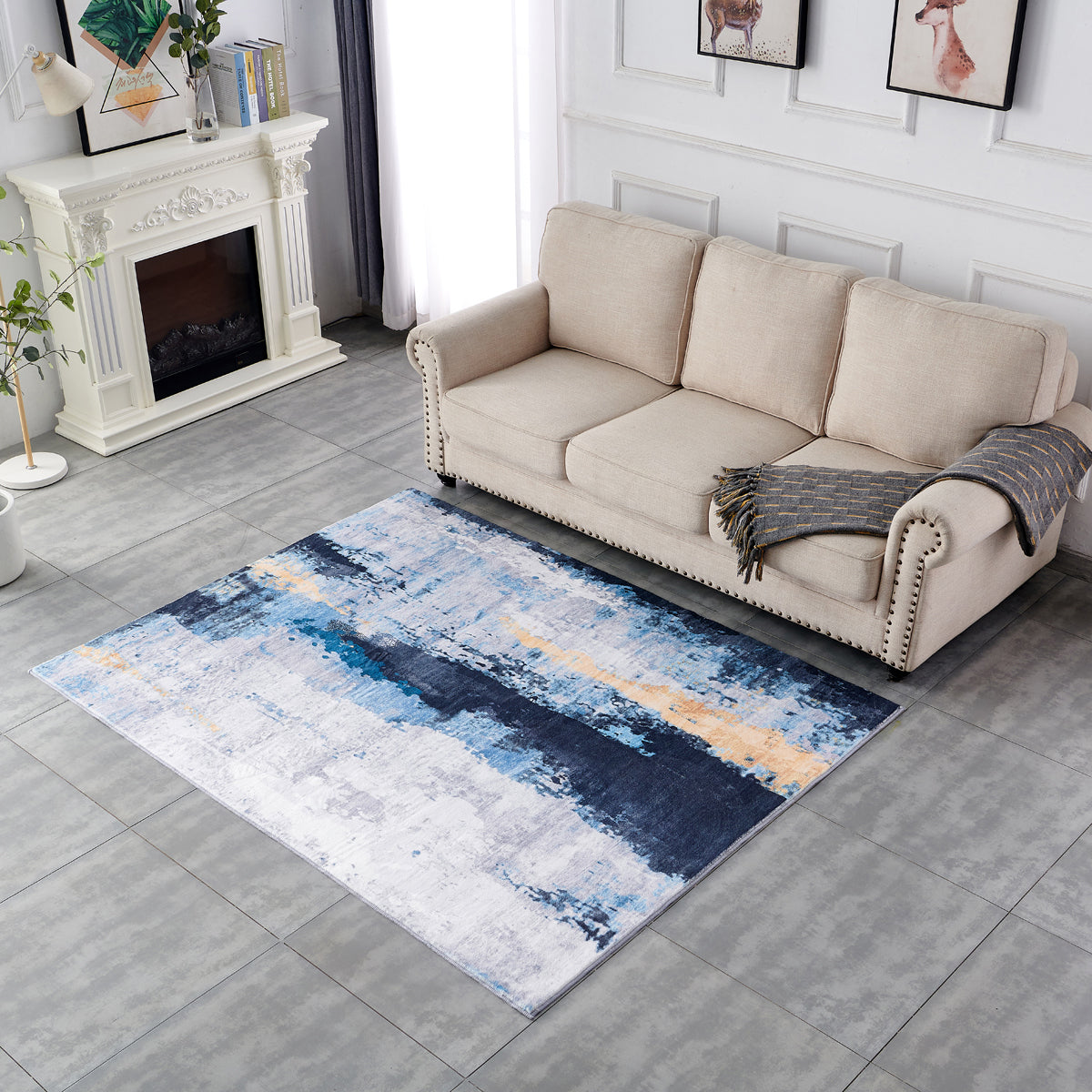 ZARA Collection Abstract Design Gray Blue Yellow (3' ft x 2' ft) Machine Washable Super Soft Area Rug
