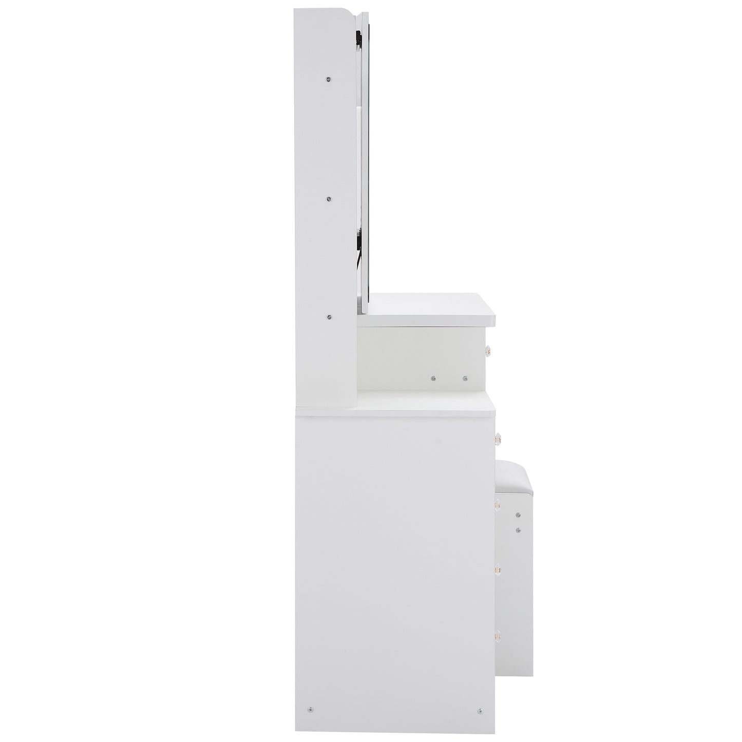 37" Middle Size Left Bedside Cabinet Vanity Table + Cushioned Stool Dresser Set, 2 AC+2 USB Socket, Hair Dryer Stand, Large Touch Control LED Sliding Mirror, 3-color Switch, EPA, GCC, UL Certificate