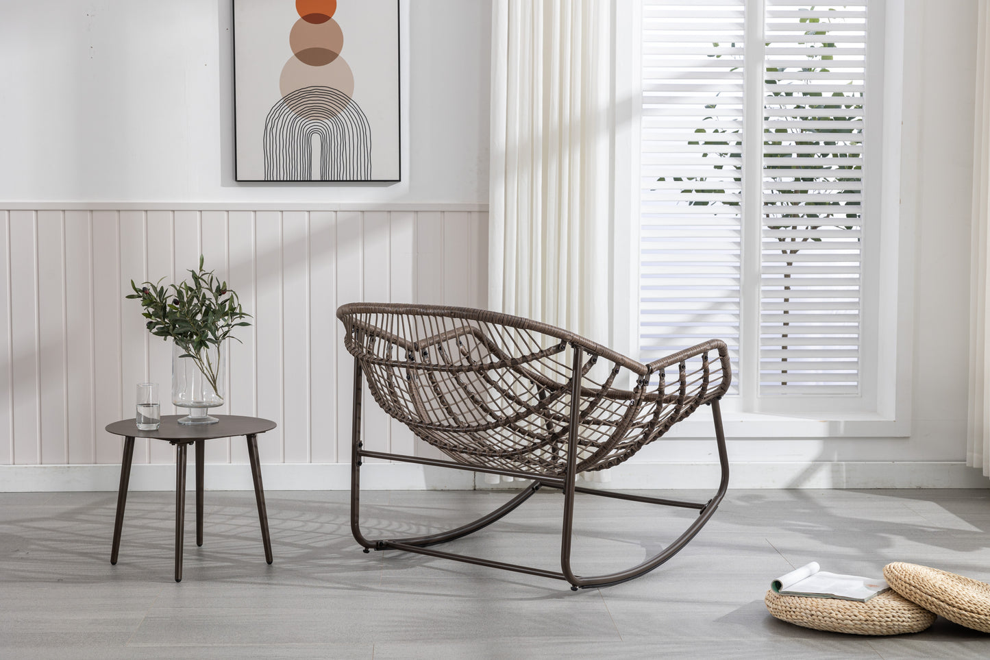 Mecedora de ratán para exterior, con cojín acolchado, reclinable, para porche, sala de estar, patio y jardín, color naranja