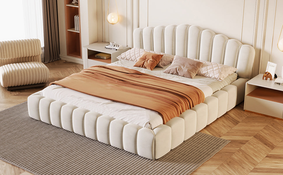 Cama Queen tapizada en terciopelo con cabecero en forma de concha para dormitorio (no necesita somier), color beige