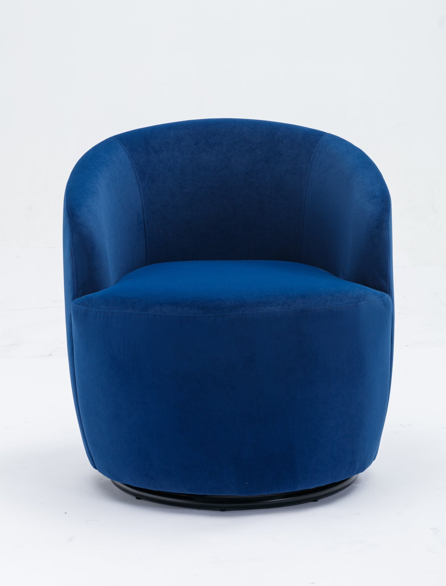Sillón giratorio de terciopelo con acento tipo barril y aro metálico con revestimiento en polvo negro, color azul