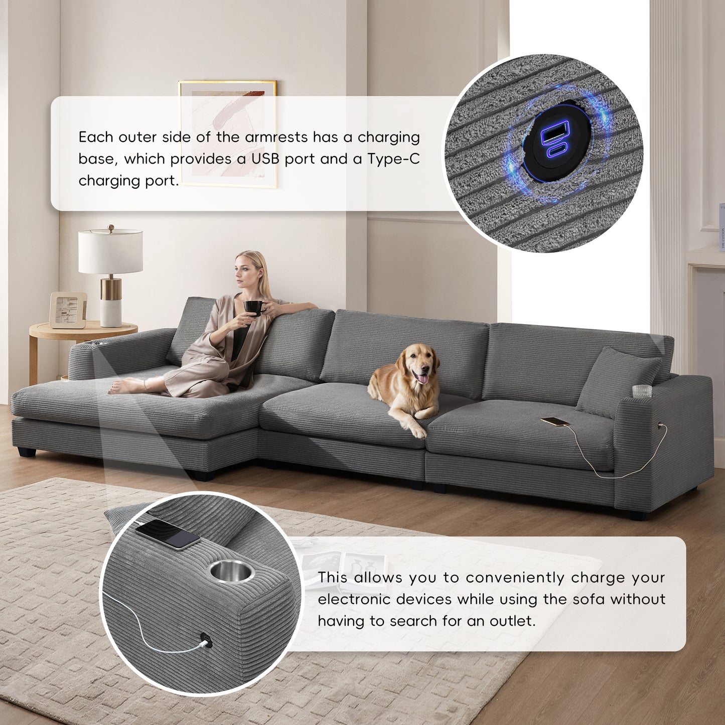 Sofá seccional extragrande de pana de 134 x 54 pulgadas, sofá nube en forma de L con puerto de carga USB, portavasos, sofá cama profundo con chaise longue de 50 pulgadas, cómodo mueble de interior para sala de estar, 3 colores