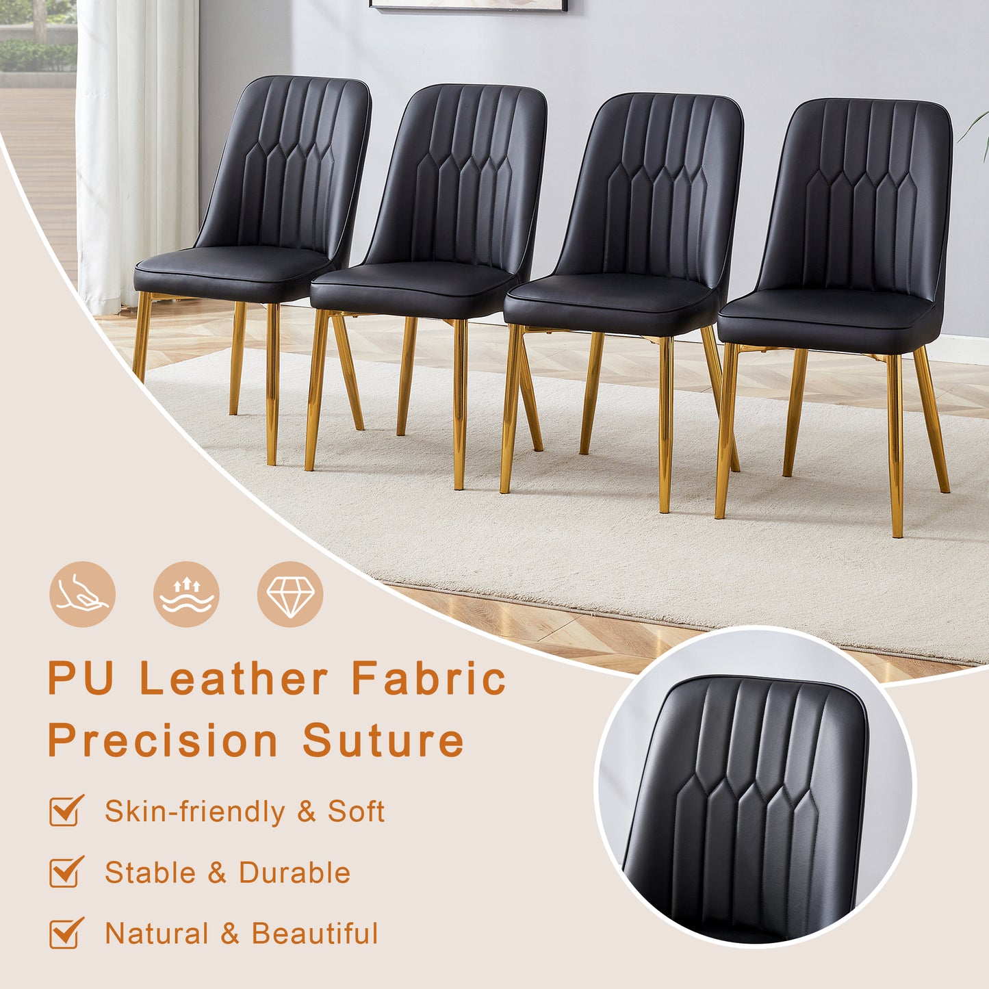 Table and chair set.36 Inch Diameter Modern Luxury Glass Dining Table and Chair Set - Gold Frame, Metal Legs.Two Black PU Chairs with Simple Line Designs On The Backrest.