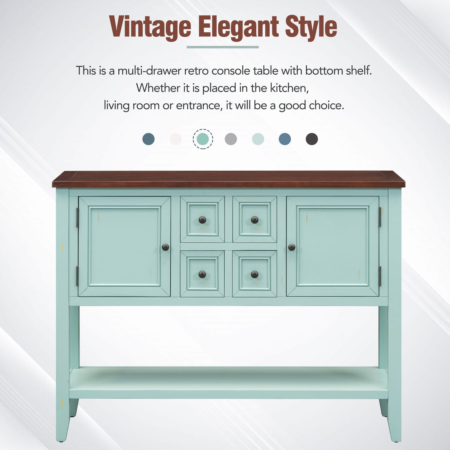TREXM Cambridge Series Ample Storage Vintage Console Table with Four Small Drawers and Bottom Shelf for Living Rooms, Entrances and Kitchens (Retro Blue, OLD SKU: WF190263AAC)