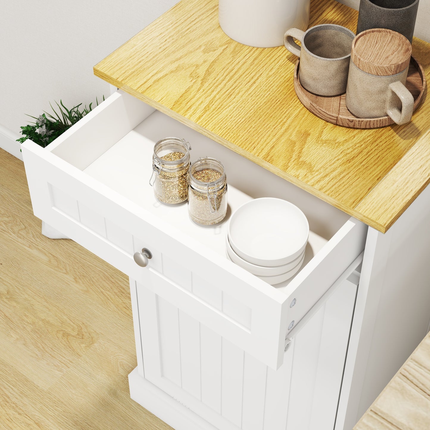 Gabinete de basura abatible con un cajón y un compartimento para cocina, color blanco