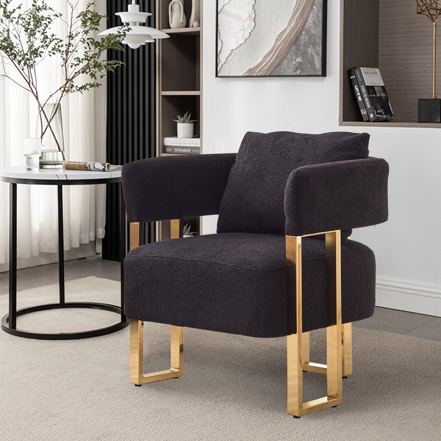TS Modern decorative chair, living room side chair with gold metal legs, no wheels, suitable for dressing area, reception room, office,Teddy fleece upholstered metal foot sofa 2PCS Black