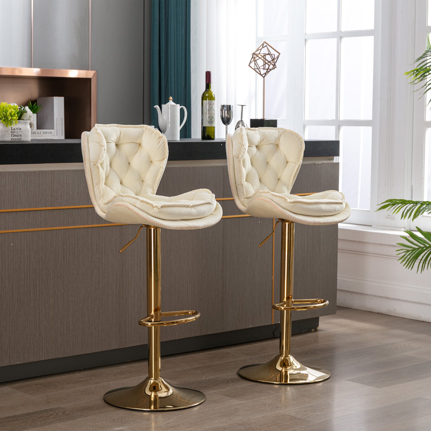 Set of 2 Bar Stools,with Chrome Footrest and Base Swivel Height Adjustable Mechanical Lifting Velvet + Golden Leg Simple Bar Stool-cream