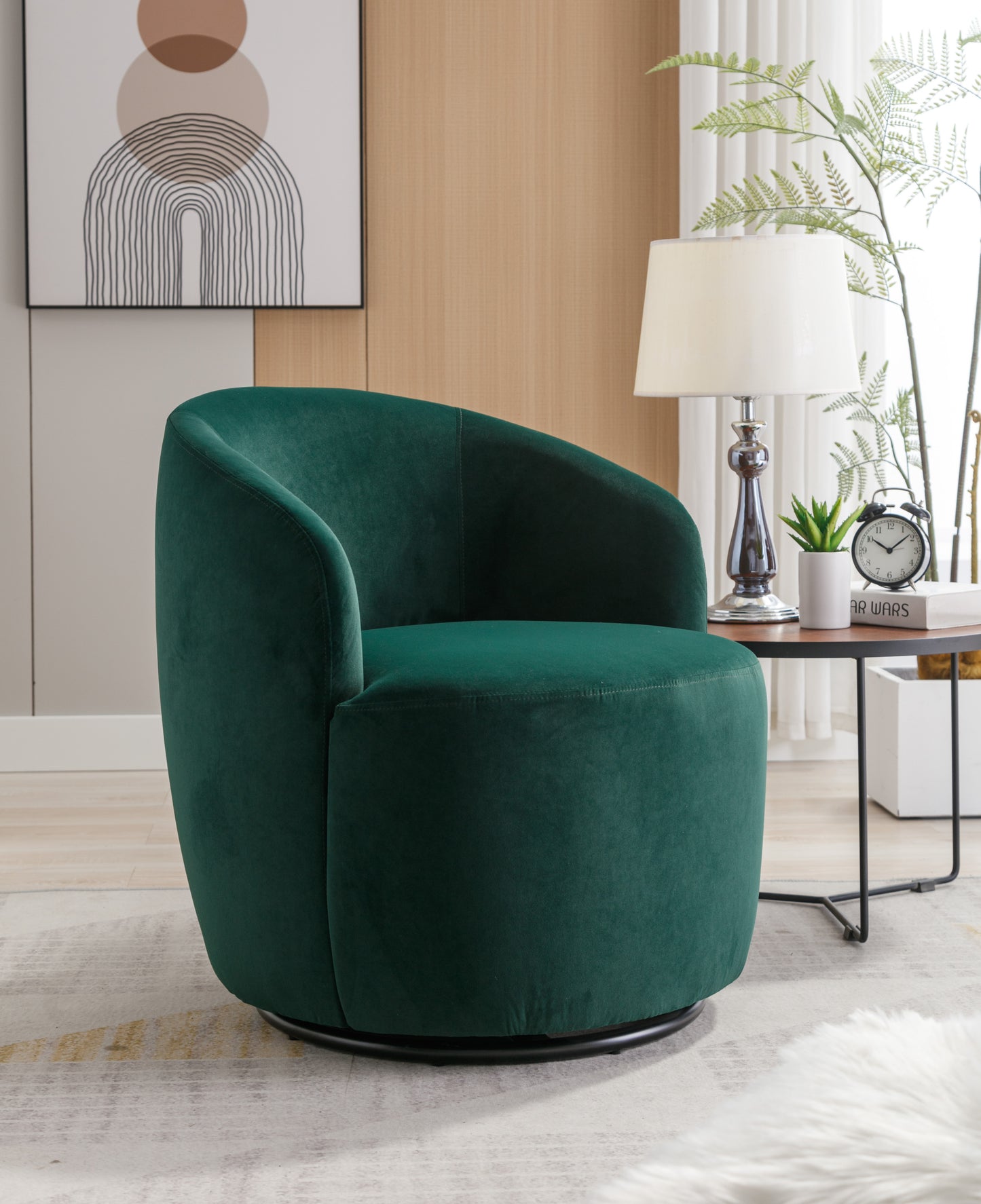 Sillón giratorio de terciopelo con acento tipo barril y aro metálico con revestimiento en polvo negro, color verde