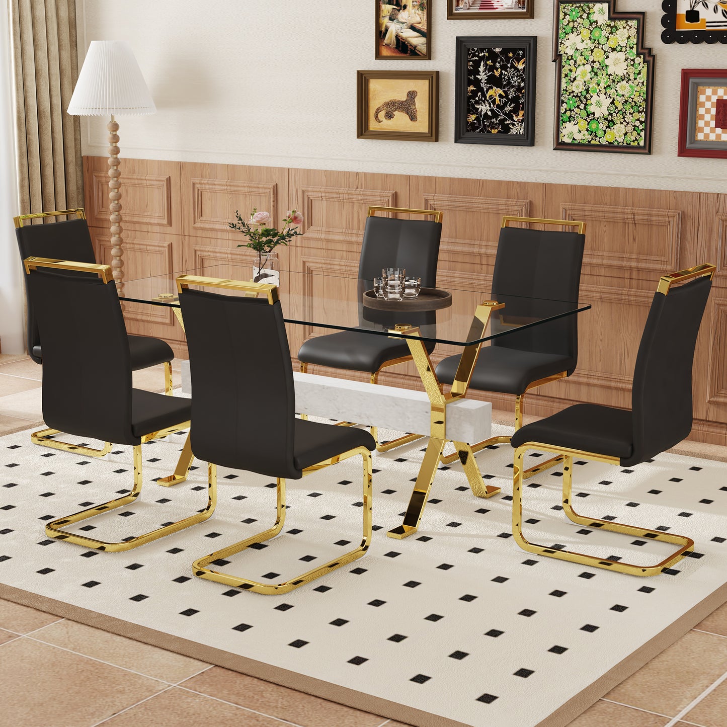 Table and chair set.Elegant Transparent Tempered Glass Dining Set - 71"x35.4" with 6 Black PU Chairs with golden C-tube metal leg.
