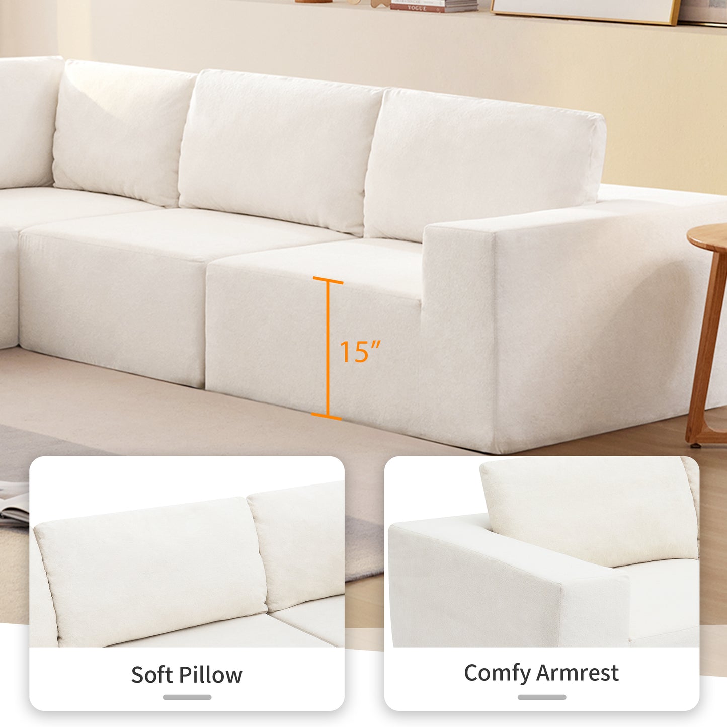 Sofá modular seccional en forma de L de 116 x 116 pulgadas, juego de sofá de piso de lujo, muebles de interior tapizados, sofá de espuma comprimida para sala de estar y dormitorio, combinación de 5 piezas, 3 colores