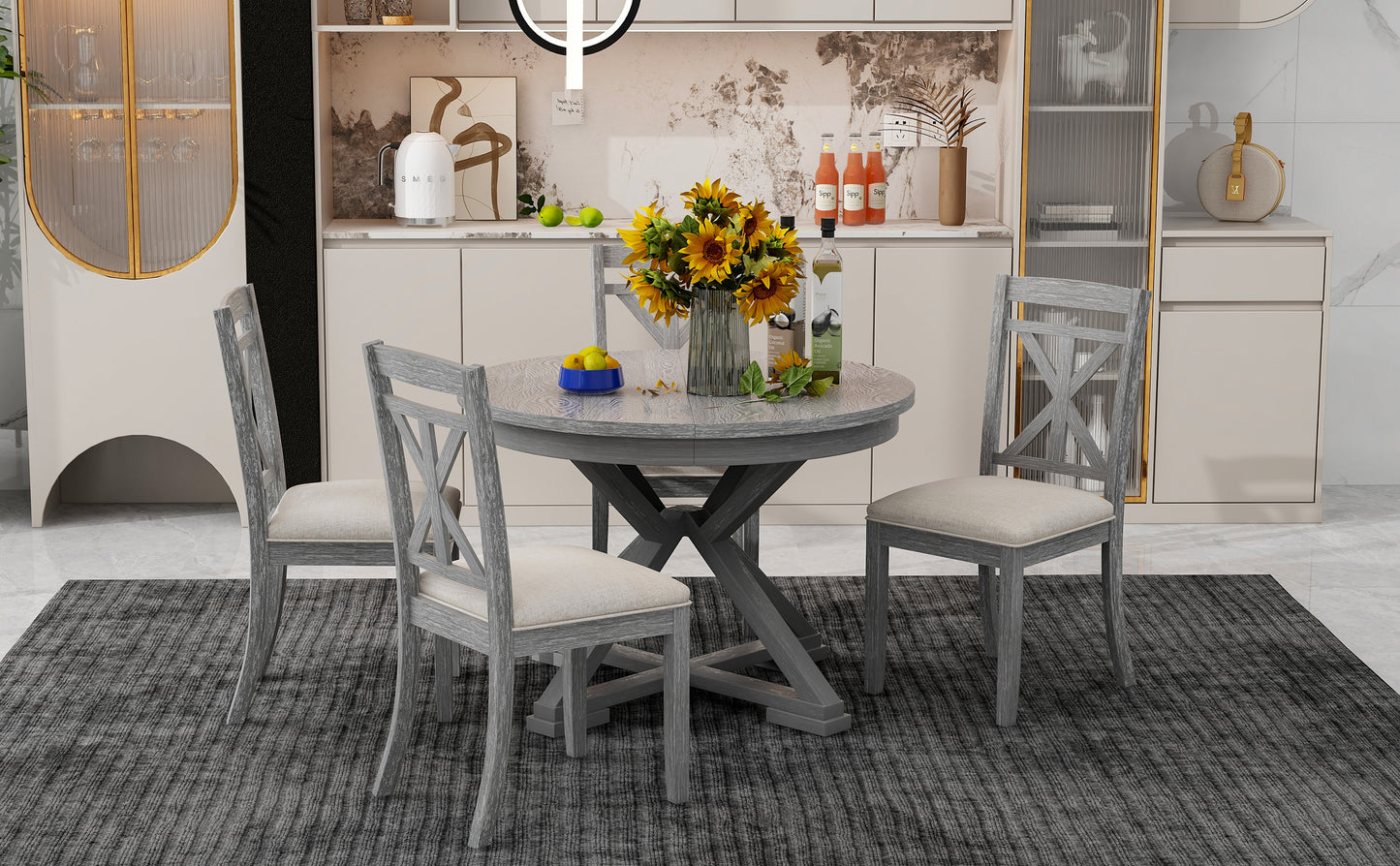 TREXM 5-Piece Retro Functional Dining Table Set Extendable Round Table and 4 Upholstered Chairs for Dining Room and Living Room (Grey)