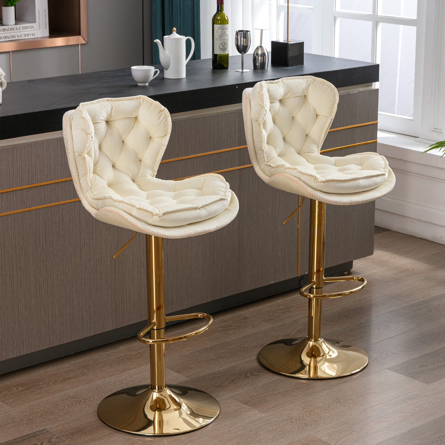 Set of 2 Bar Stools,with Chrome Footrest and Base Swivel Height Adjustable Mechanical Lifting Velvet + Golden Leg Simple Bar Stool-cream