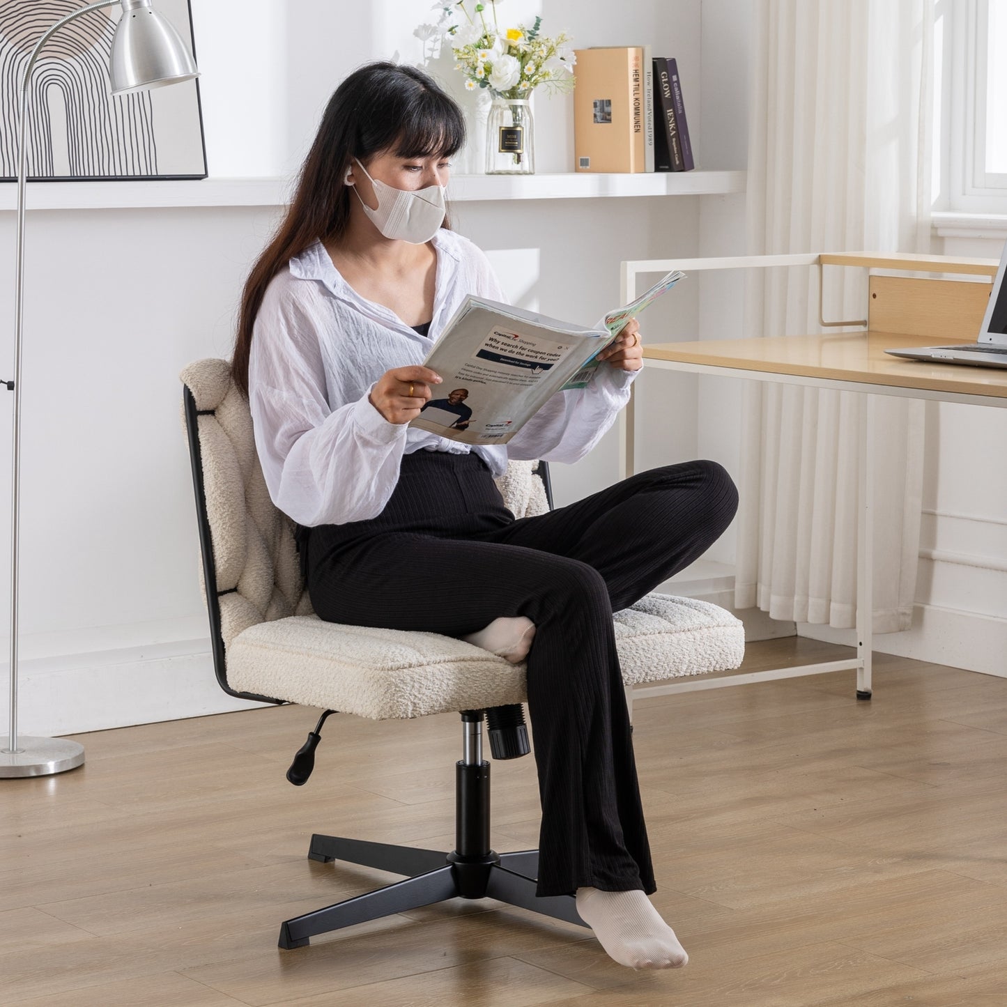 Armless Office Desk Chair No Wheels, WHITE