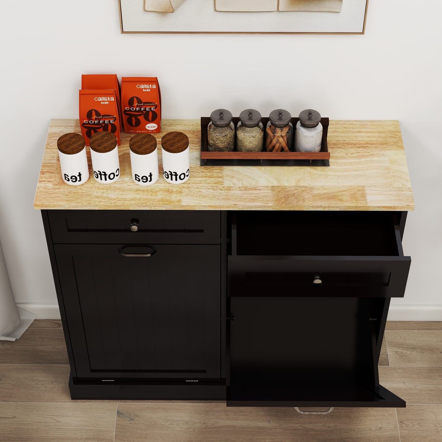 Gabinete de basura abatible con dos cajones y dos compartimentos Gabinete de basura de cocina - Negro