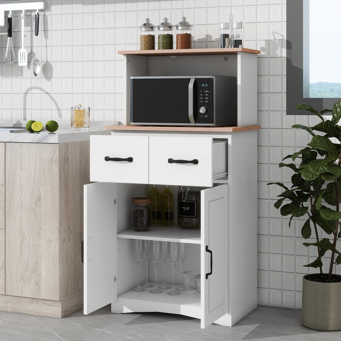 Gabinete de cocina de madera blanco, despensa, armario para microondas con cajón de almacenamiento
