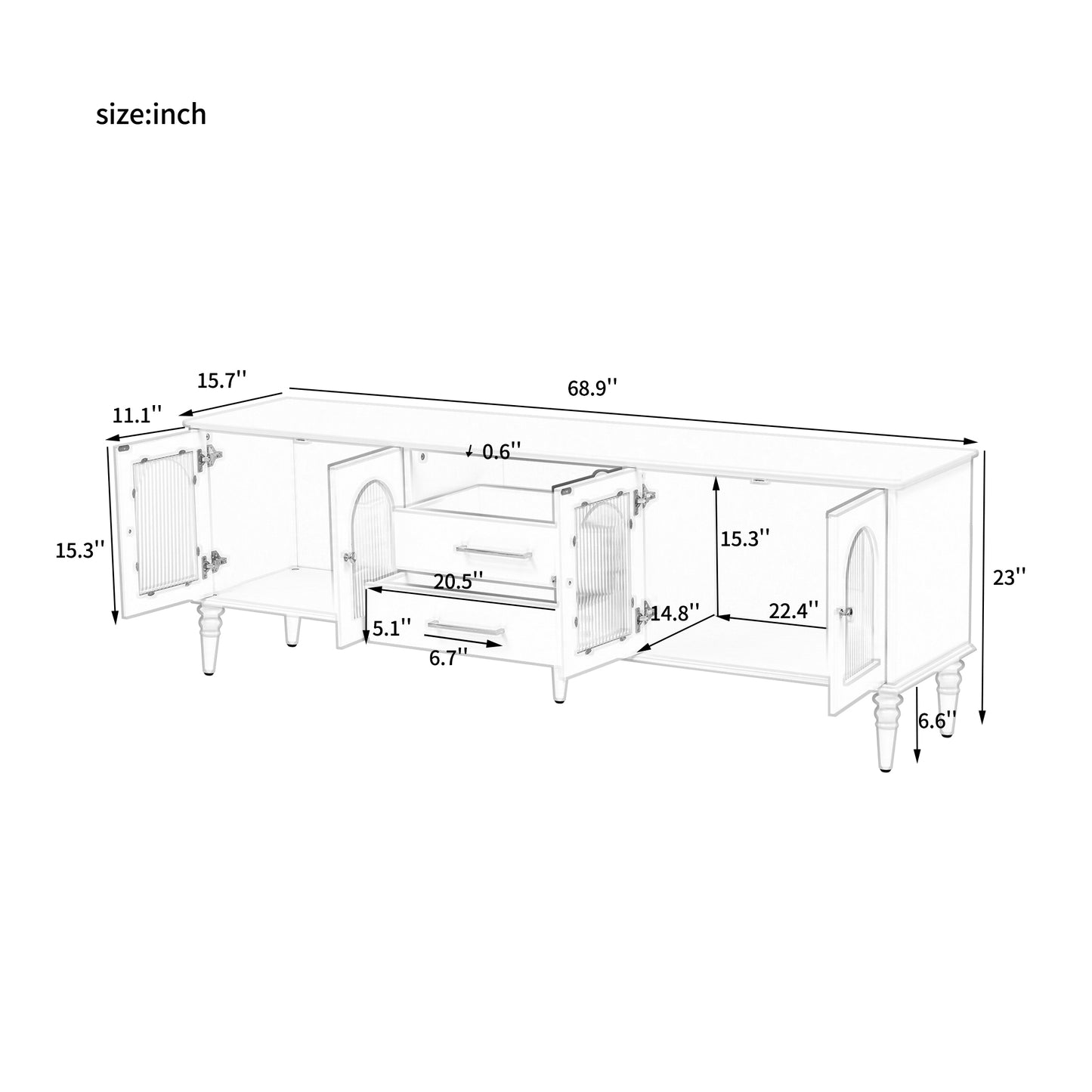U-Can 68.9'' Retro TV Stand for TVs up to 75 Inches, Entertainment Center Media Console with Fluted Glass Doors and Five Solid Wood Legs for Living room