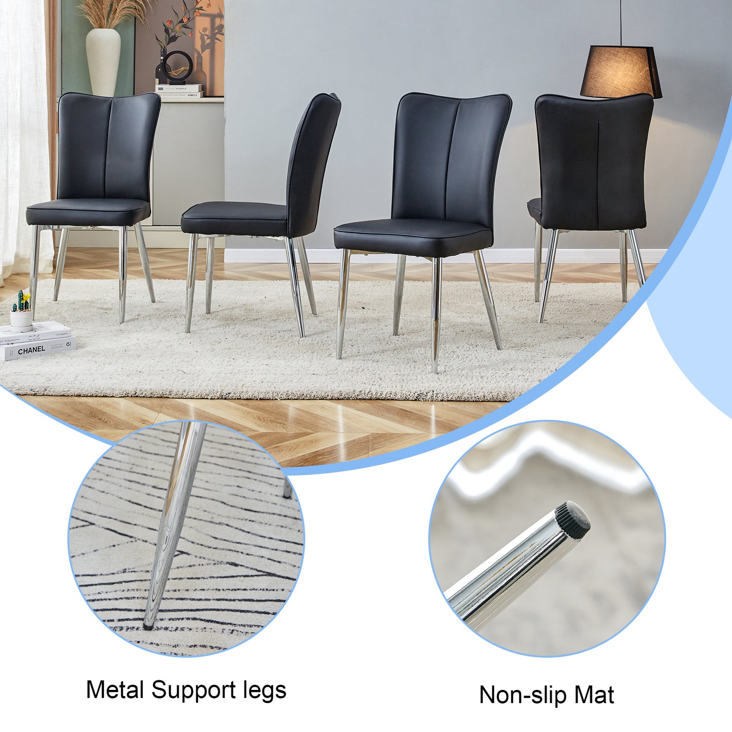 Table and chair set.Elegant Transparent Tempered Glass Dining Set - 71"x35.4" with 6 Black PU Chairs with a vertical stripe design on the backrest.