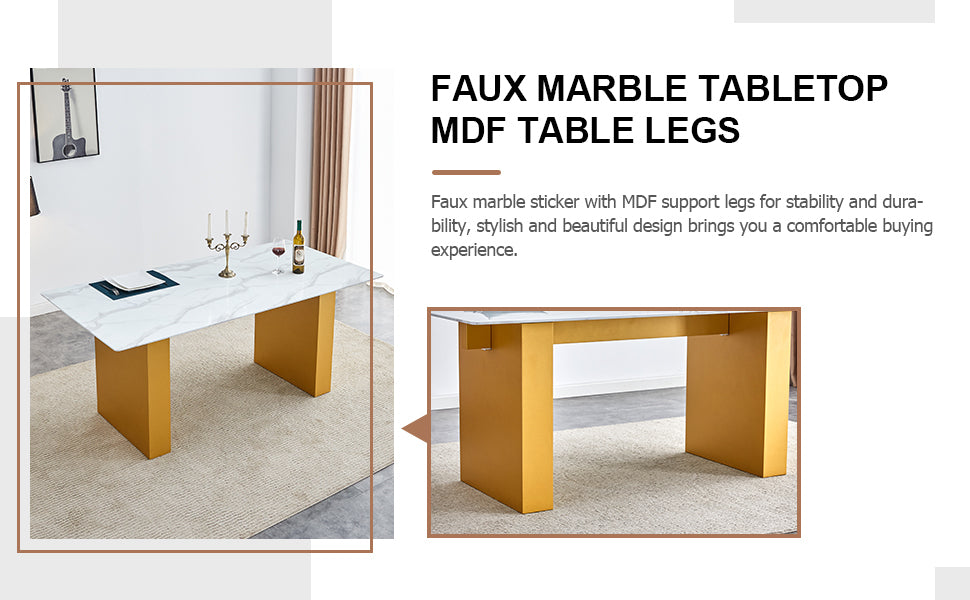 Table and chair set.Large modern rectangular table with 0.4 inch patterned glass tabletop and large MDF table legs.Comes with 6 chairs with faux leather cushioned seats and golden metal legs.