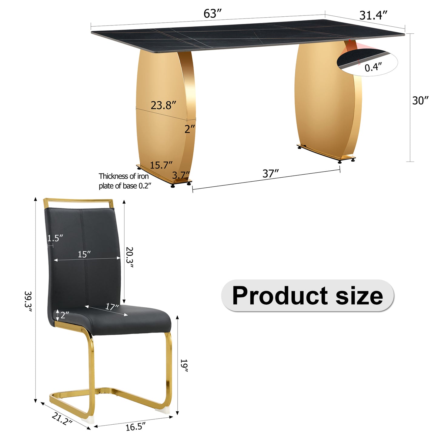 Table and chair set,Modern rectangular table with 0.4 inch black patterned tabletop and gold legs, suitable for kitchen, dining room, and living room , Comfortable PU seats,perfect for dinner, meet