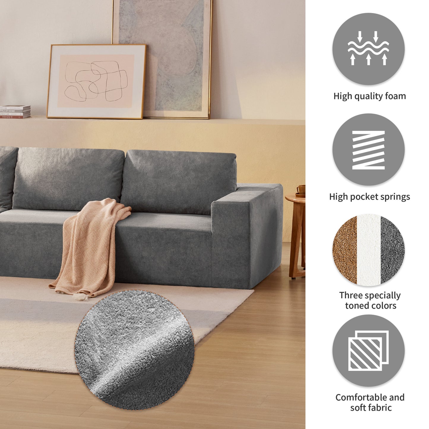 Sofá modular seccional en forma de L de 116 x 116 pulgadas, juego de sofá de piso de lujo, muebles de interior tapizados, sofá de espuma comprimida para sala de estar y dormitorio, combinación de 5 piezas, 3 colores