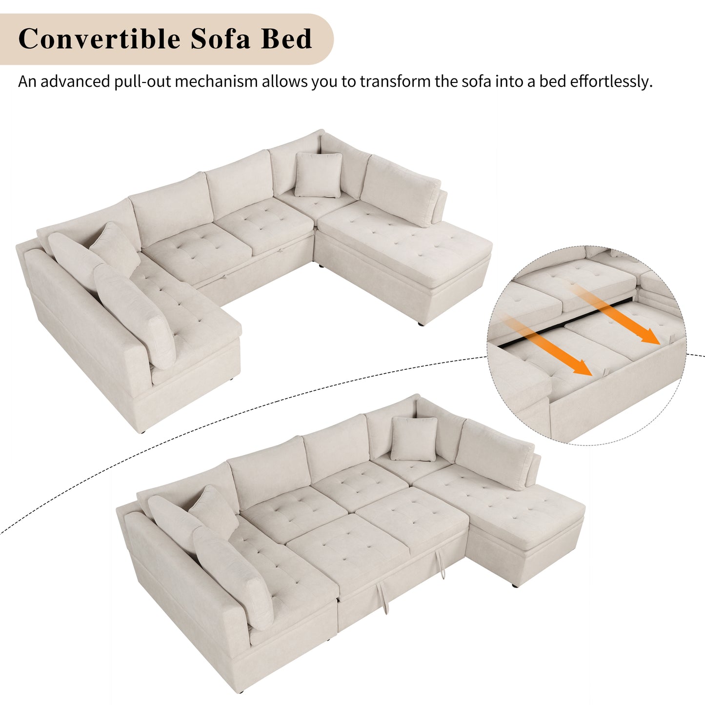 Sofá seccional extragrande de 117.3" en forma de U, sofá cama extraíble con dos cojines para sala de estar, color beige