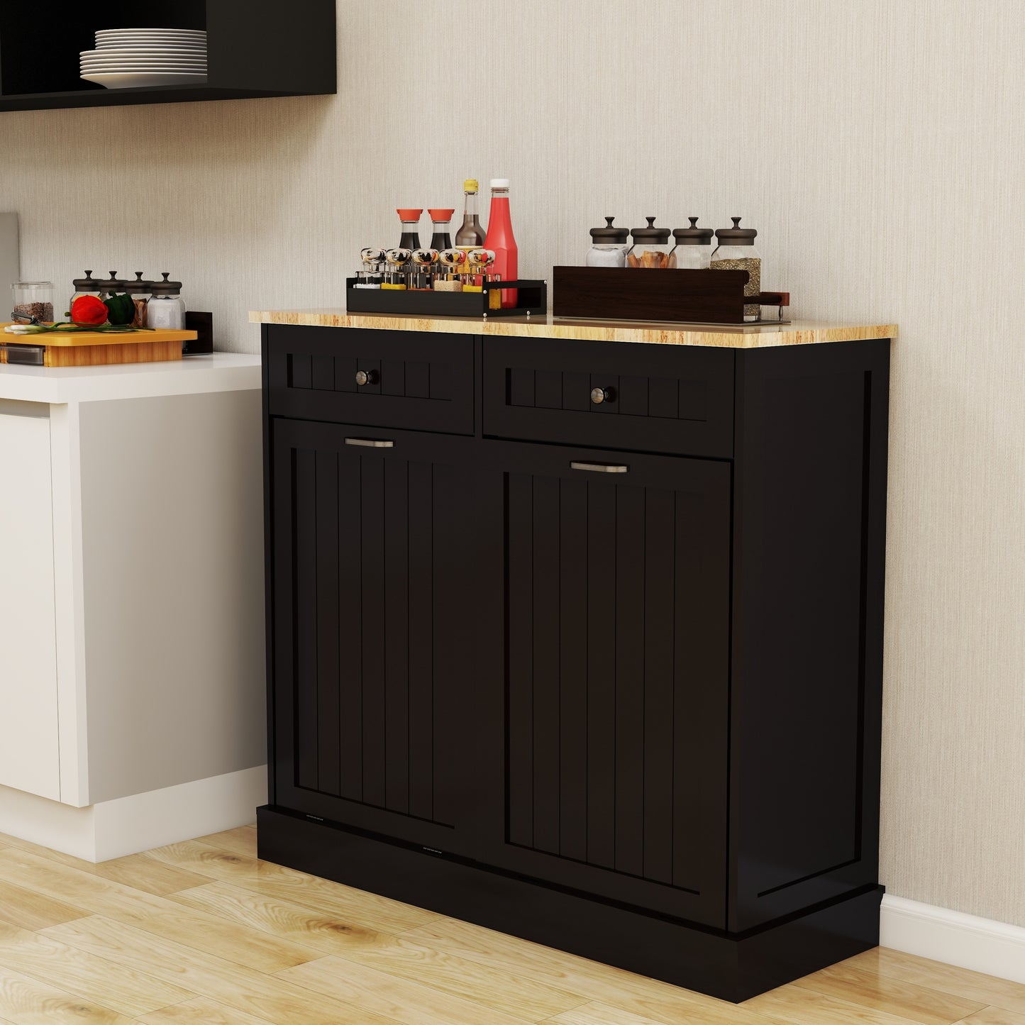 Gabinete de basura abatible con dos cajones y dos compartimentos Gabinete de basura de cocina - Negro