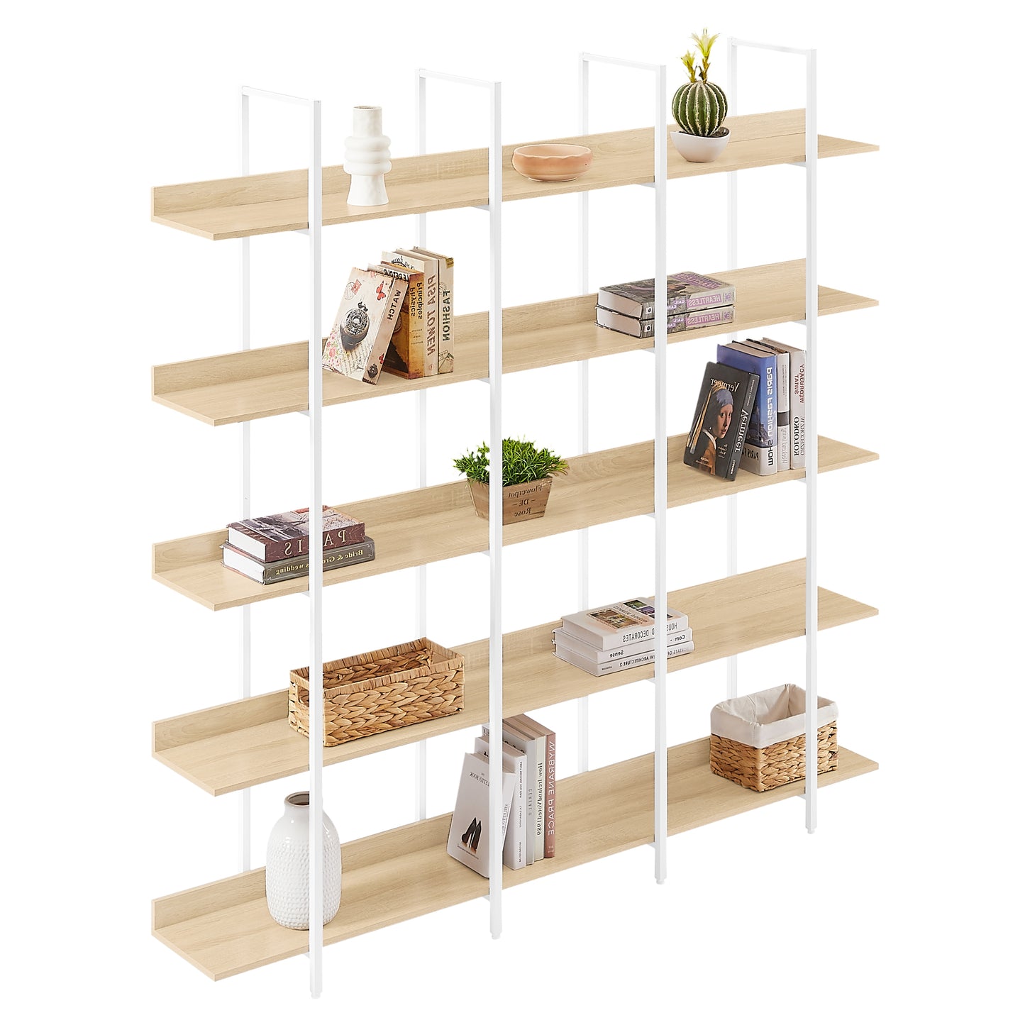 Librería de 5 niveles para oficina en casa, estilo industrial vintage, tablero de MDF, estructura de metal blanco, roble