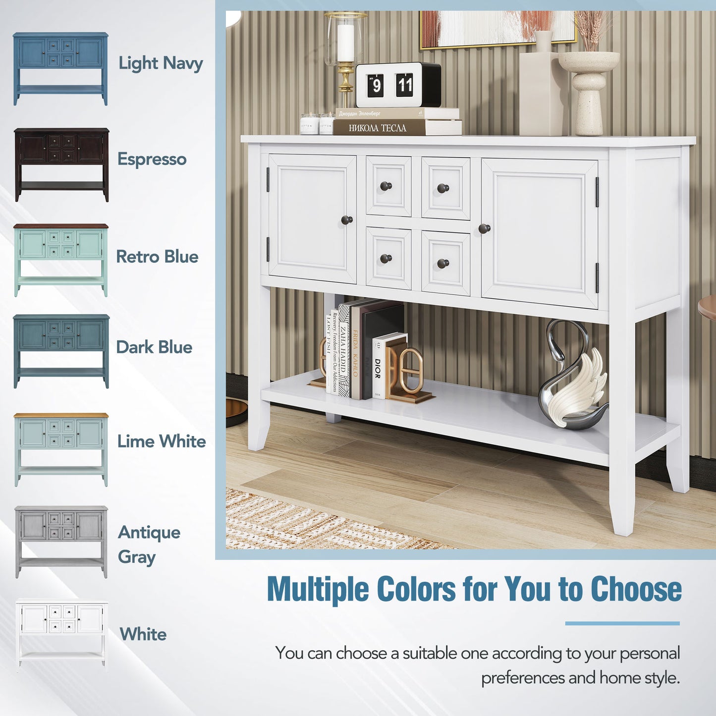 TREXM Cambridge Series Ample Storage Vintage Console Table with Four Small Drawers and Bottom Shelf for Living Rooms, Entrances and Kitchens (White, OLD SKU: WF190263AAA)