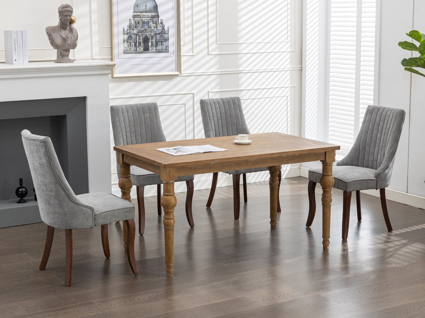 Rayon Cloth Flocking Linen Dining Chairs Channel Kitchen Dinner Chair Comfy Fabric Upholstered Accent Chair for Dining Room with Curved Solid Wood Legs,Set of 2 (Gray), SW1847GY