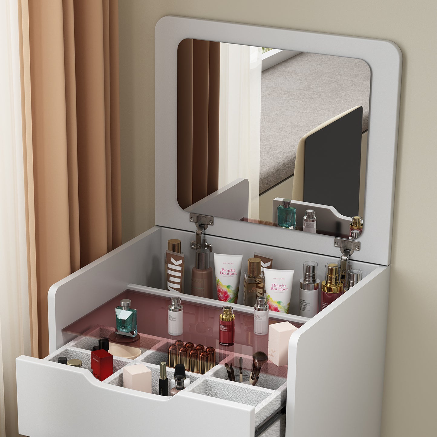 3 in 1 Vanity Desk with Plip Top Mirror,Small Make Up Vanity Set with Visible Glass Desktop,Compact Makeup Vanity with 3 Drawers,Cushioned Tool,Dressing Table for Bedroom, Xmas Christmas Gift