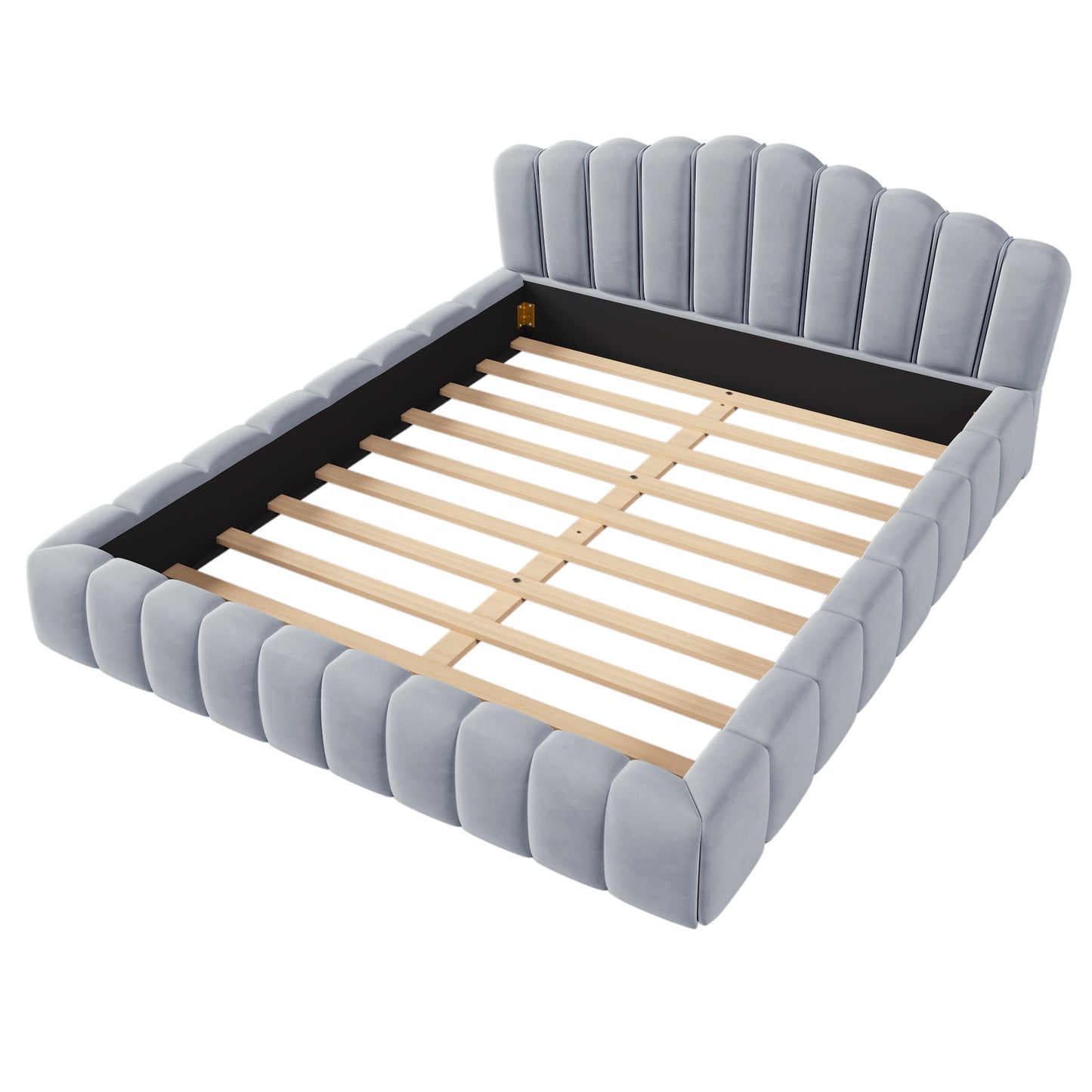 Cama Queen tapizada en terciopelo con marco de suelo y cabecero en forma de concha para dormitorio, sin necesidad de somier, color azul claro