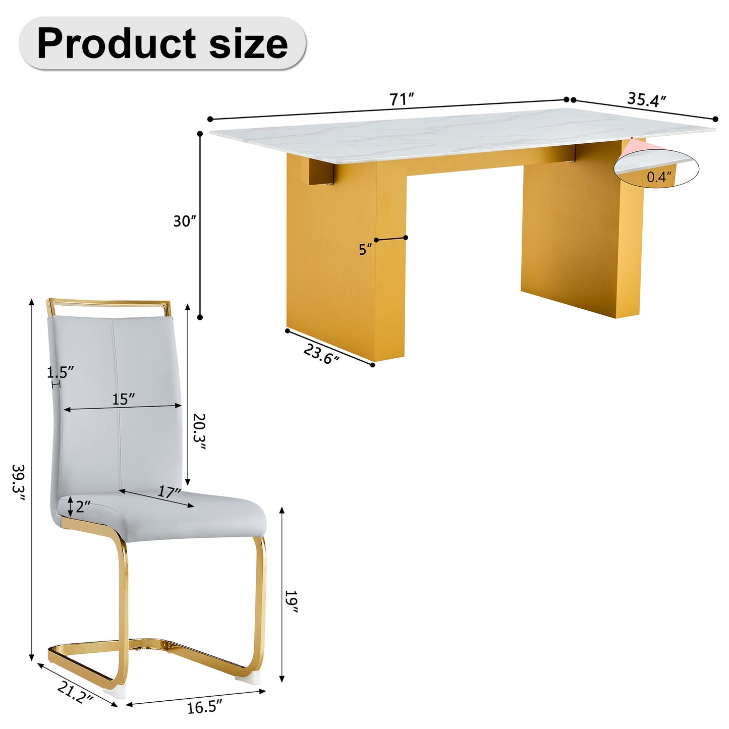 Table and chair set.Large modern rectangular table with 0.4 inch patterned glass tabletop and large MDF table legs.Comes with 6 chairs with faux leather cushioned seats and golden metal legs.