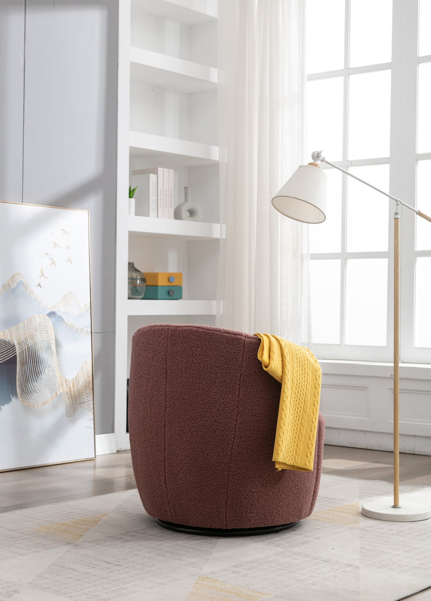 Teddy Fabric Swivel Accent Armchair Barrel Chair With Black Powder Coating Metal Ring,Dark Red