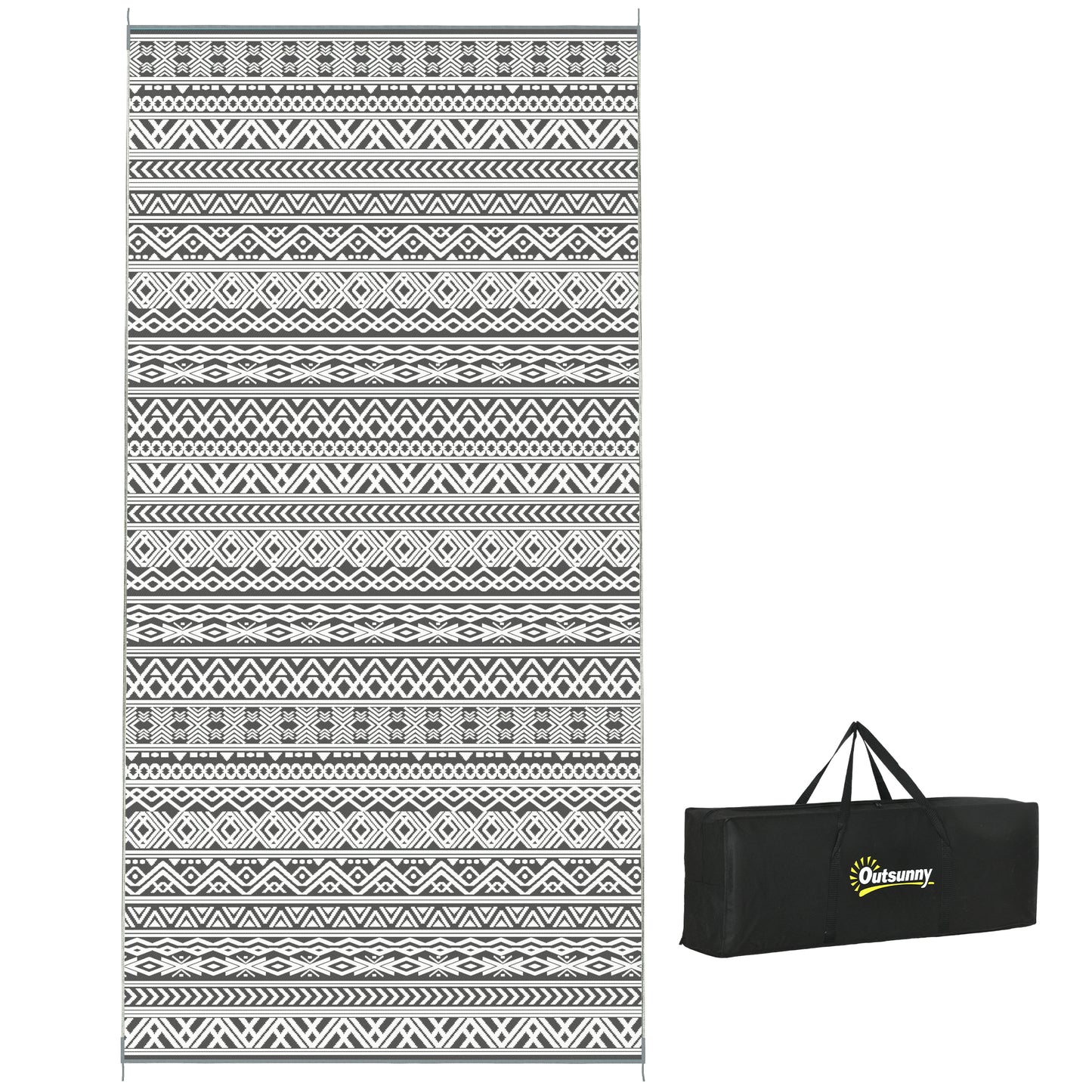 Outsunny Reversible Outdoor Rug, 9' x 18' Waterproof Plastic Straw Floor Mat, Portable RV Camping Carpet with Carry Bag, Large Floor Mat for Backyard, Deck, Picnic, Beach, Gray & Cream White Boho