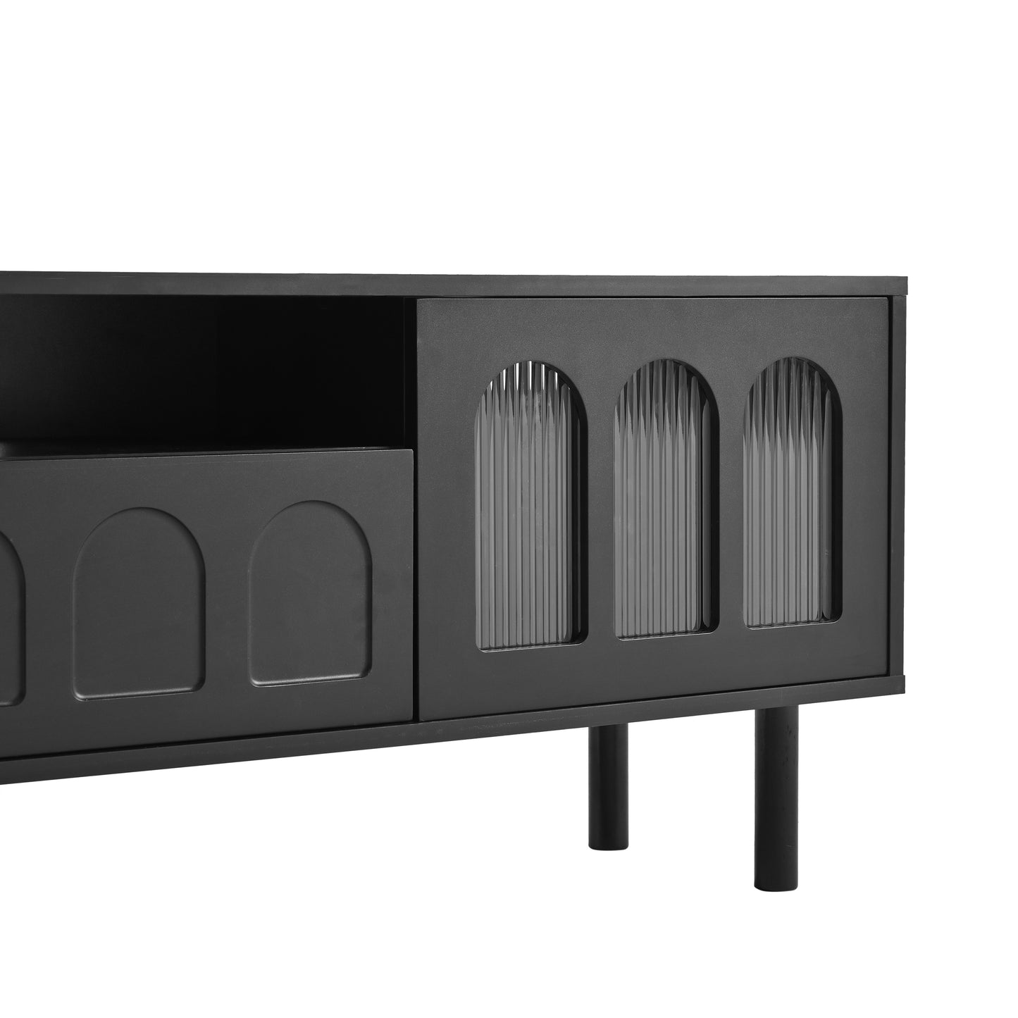 ON-TREND Cream Style TV Stand with LED Light Strip for TVs Up to 80'', Graceful Entertainment Center with 5 Solid Wood Legs, Large Storage Media Console with Fluted Tempered Glass Doors, Black